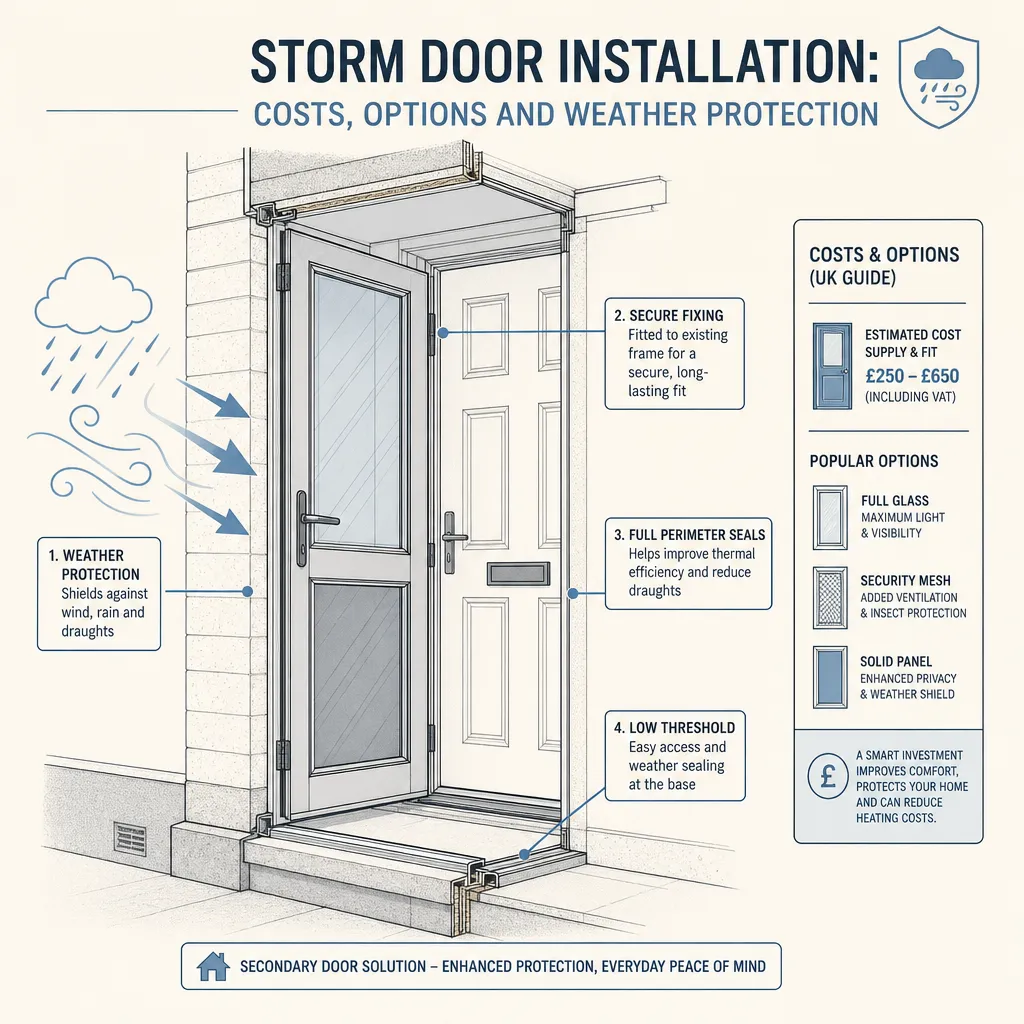 Diagram illustrating: Storm Door Installation: Costs, Options and Weather Protection