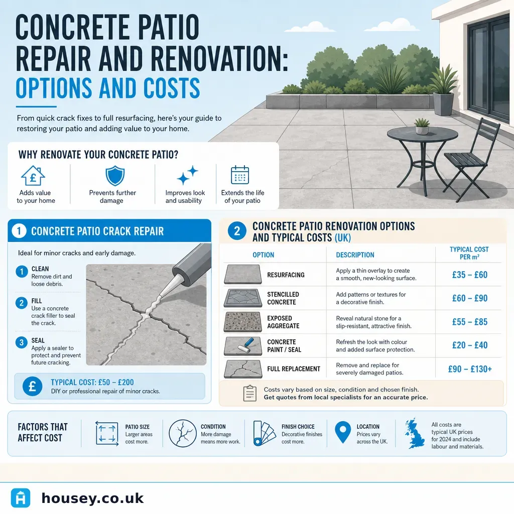 Infographic illustrating: Concrete Patio Repair and Renovation: Options and Costs