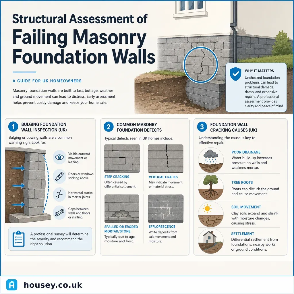 Infographic illustrating: Structural Assessment of Failing Masonry Foundation Walls