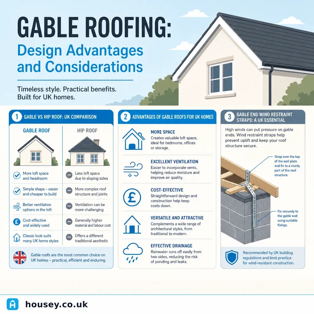 Infographic illustrating: Gable Roofing: Design Advantages and Considerations