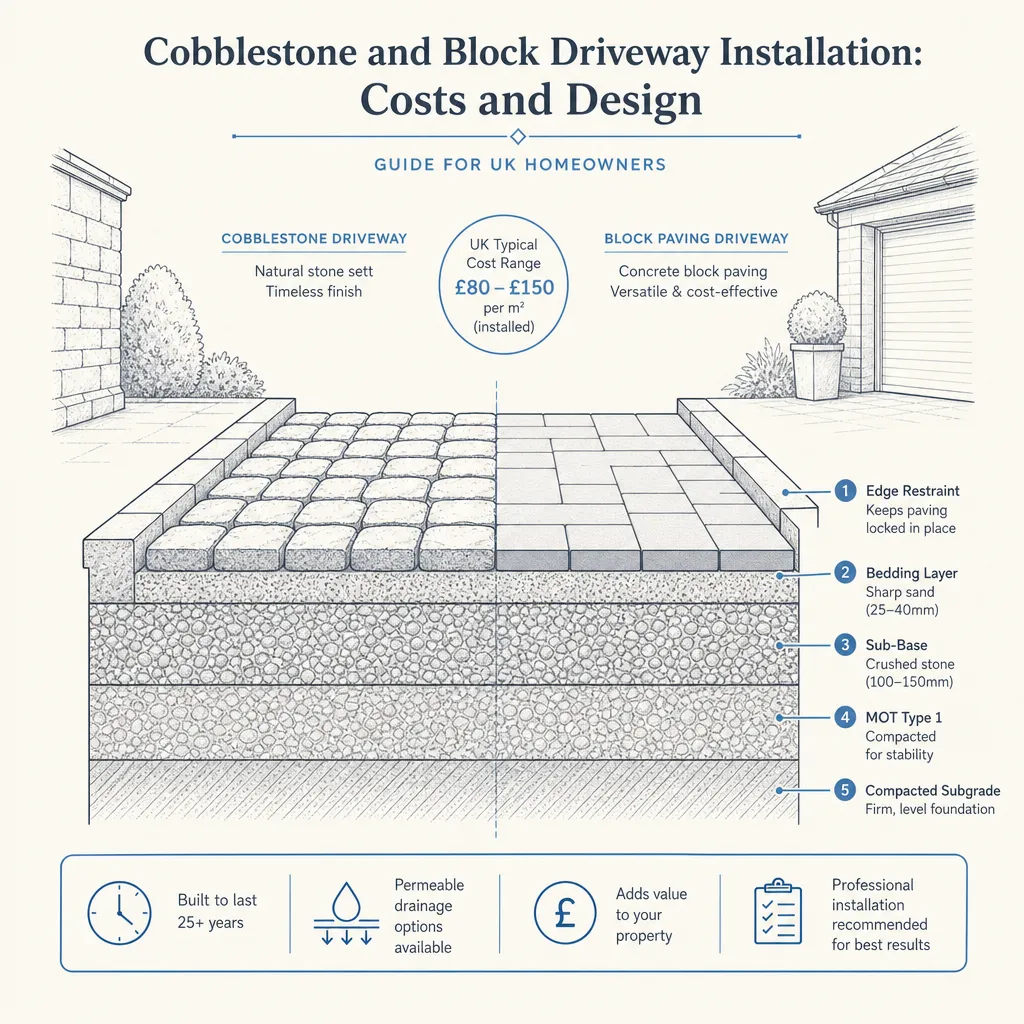 Diagram illustrating: Cobblestone and Block Driveway Installation: Costs and Design
