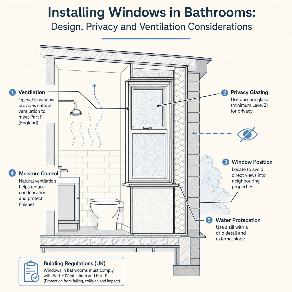 Diagram illustrating: Installing Windows in Bathrooms: Design, Privacy and Ventilation Considerations