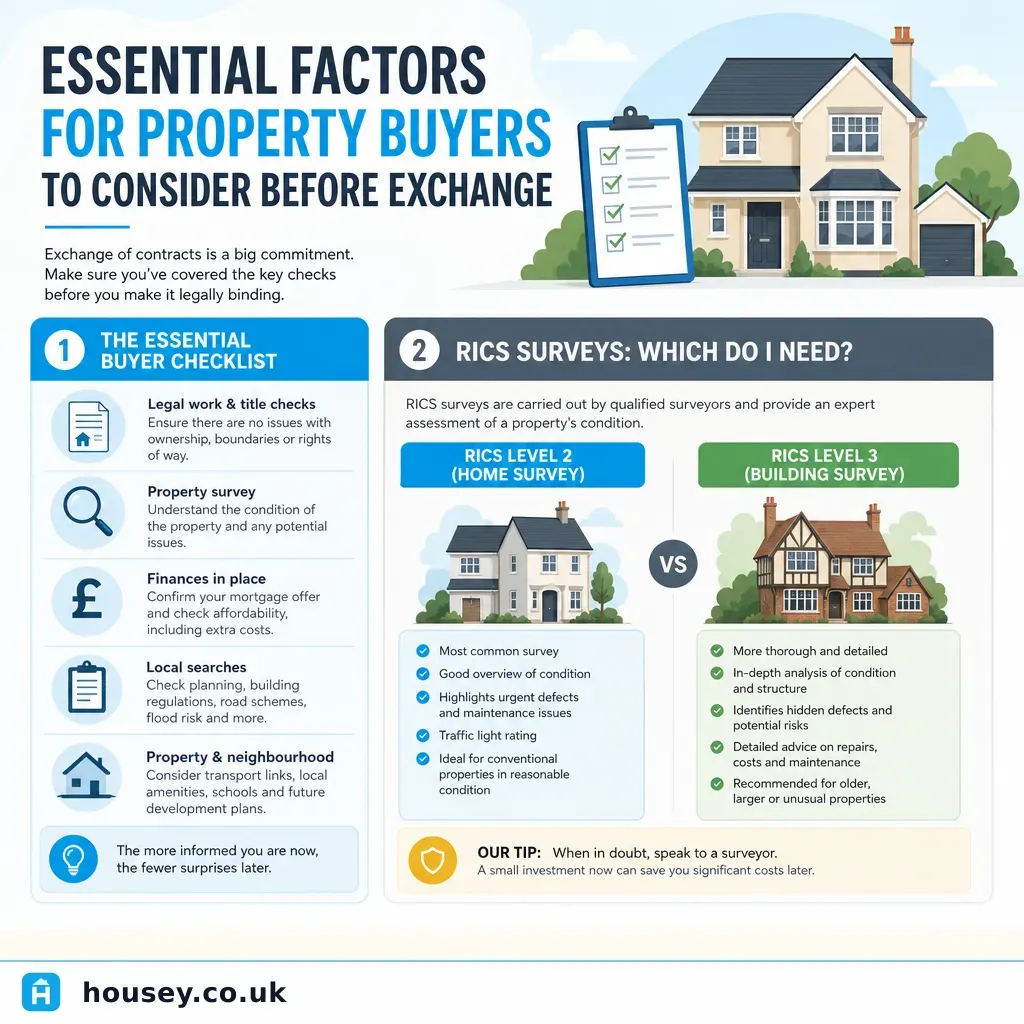 Infographic illustrating: Essential Factors for Property Buyers to Consider Before Exchange