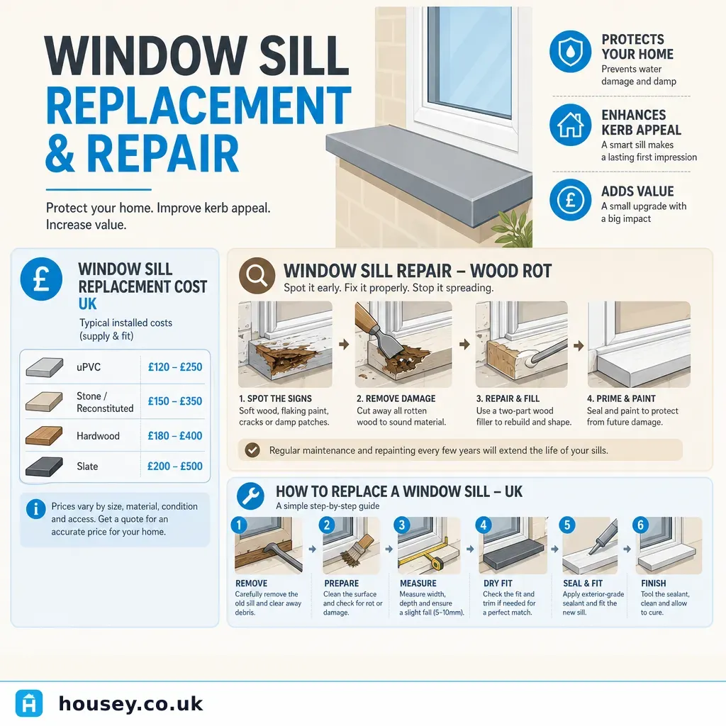 Infographic illustrating: Window Sill Replacement and Repair