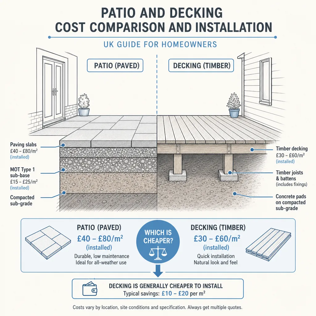 Diagram illustrating: Patio and Decking Cost Comparison and Installation