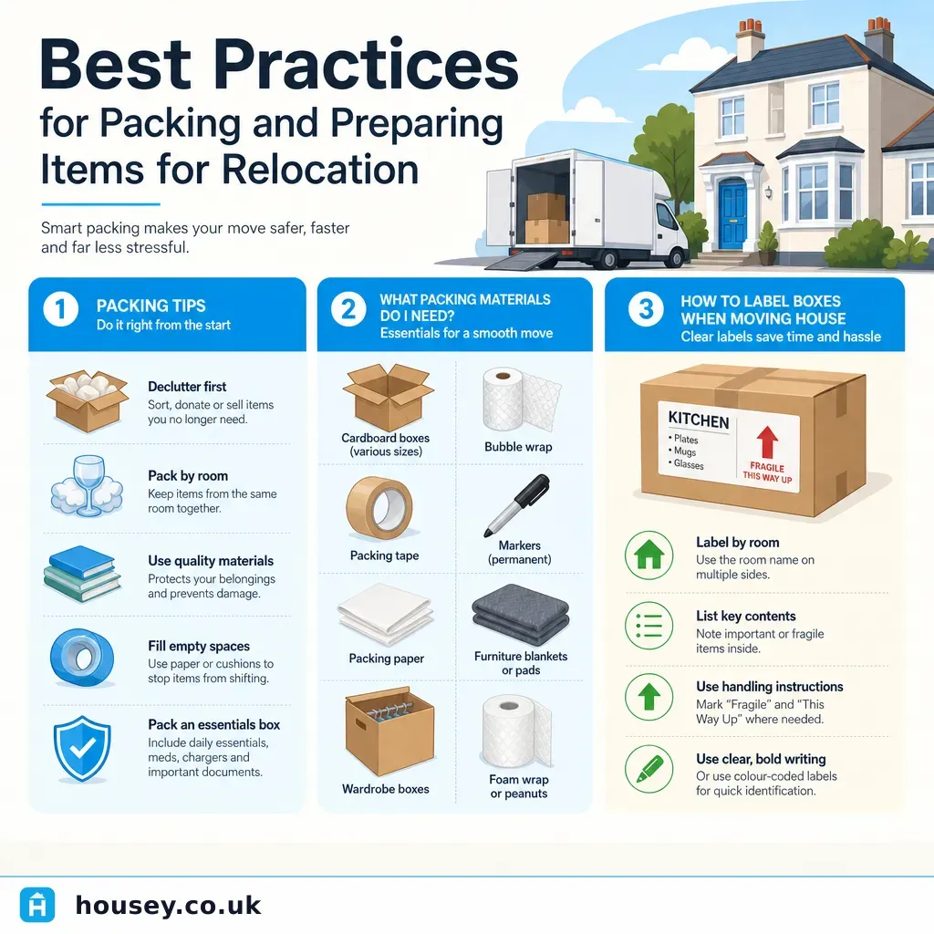 Infographic illustrating: Best Practices for Packing and Preparing Items for Relocation