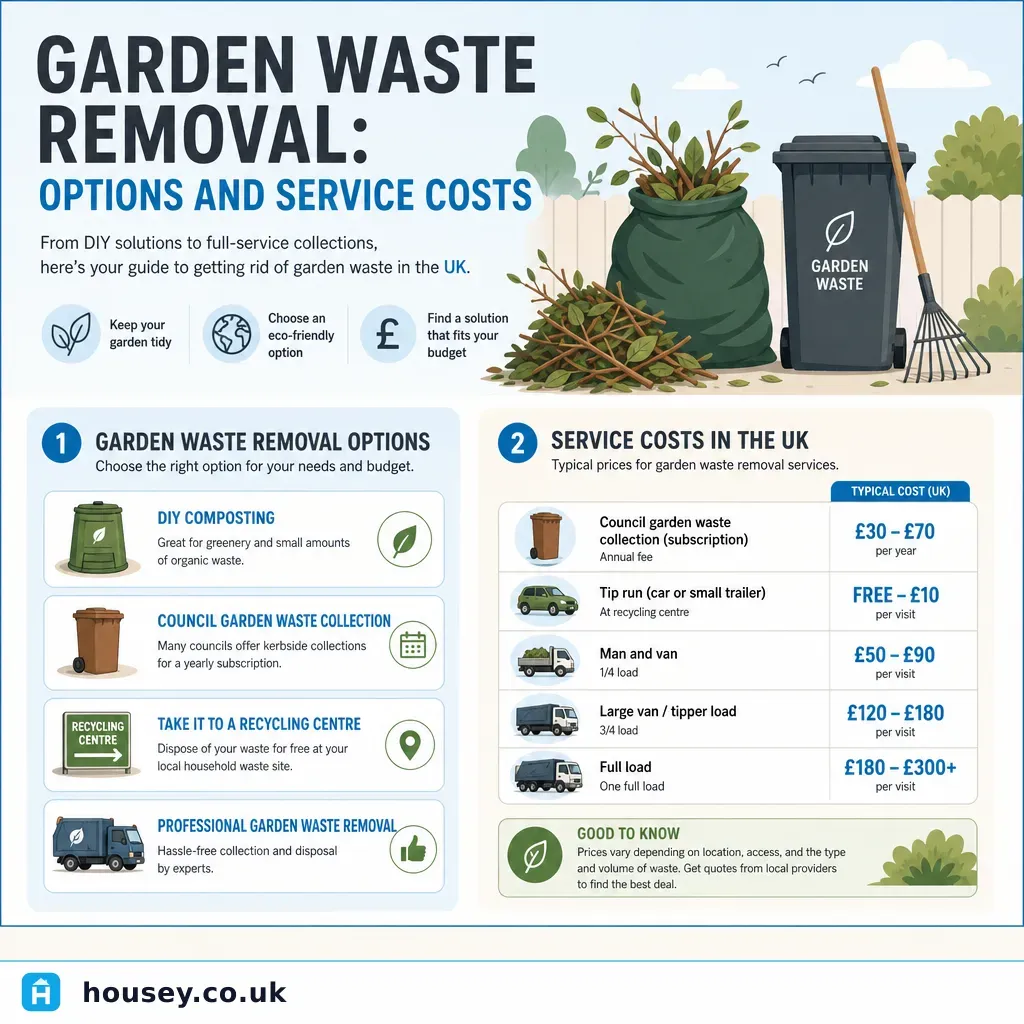 Infographic illustrating: Garden Waste Removal: Options and Service Costs