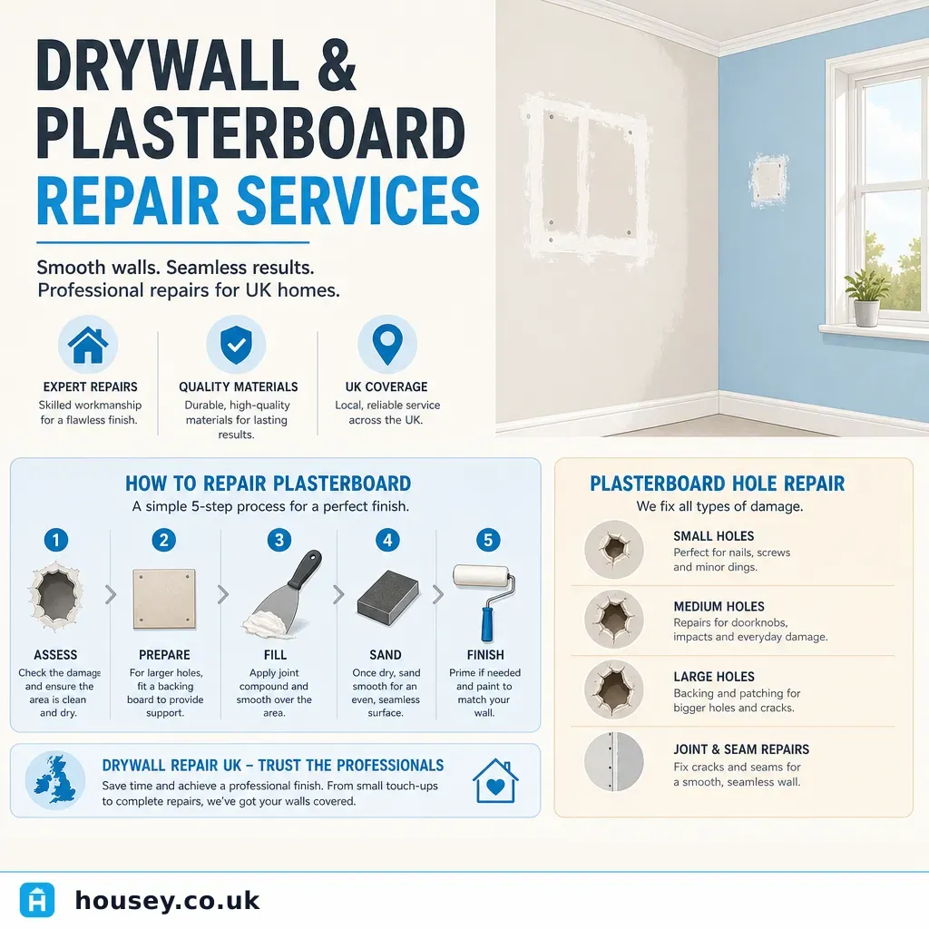 Infographic illustrating: Drywall and Plasterboard Repair Services