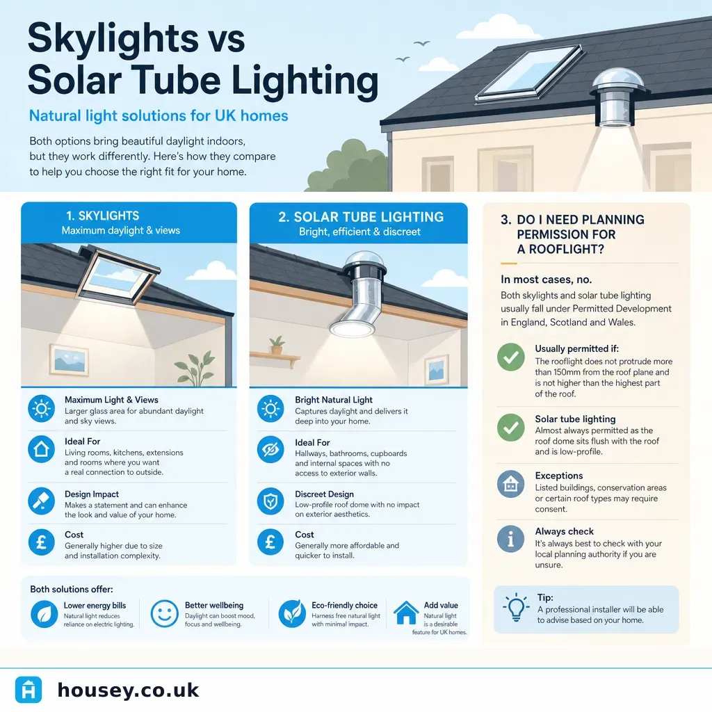 Infographic illustrating: Comparing skylights with solar tube lighting systems for natural illumination
