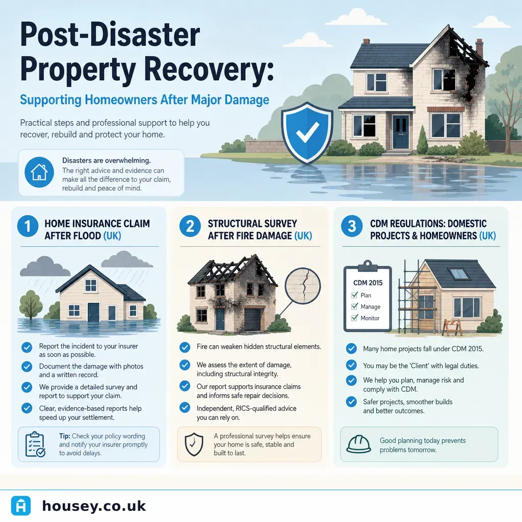 Infographic illustrating: Post-Disaster Property Recovery: Supporting Homeowners After Major Damage
