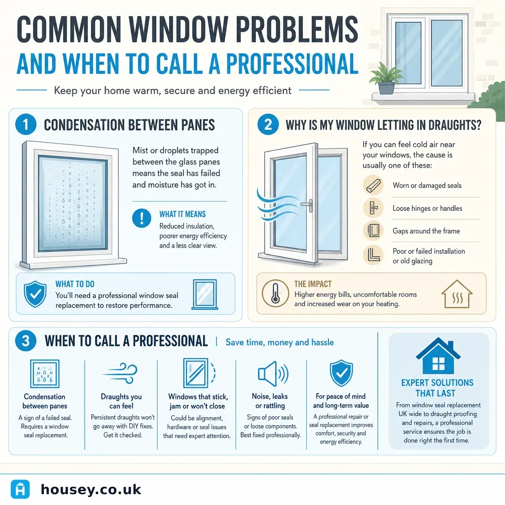 Infographic illustrating: Common Window Problems and When to Call a Professional