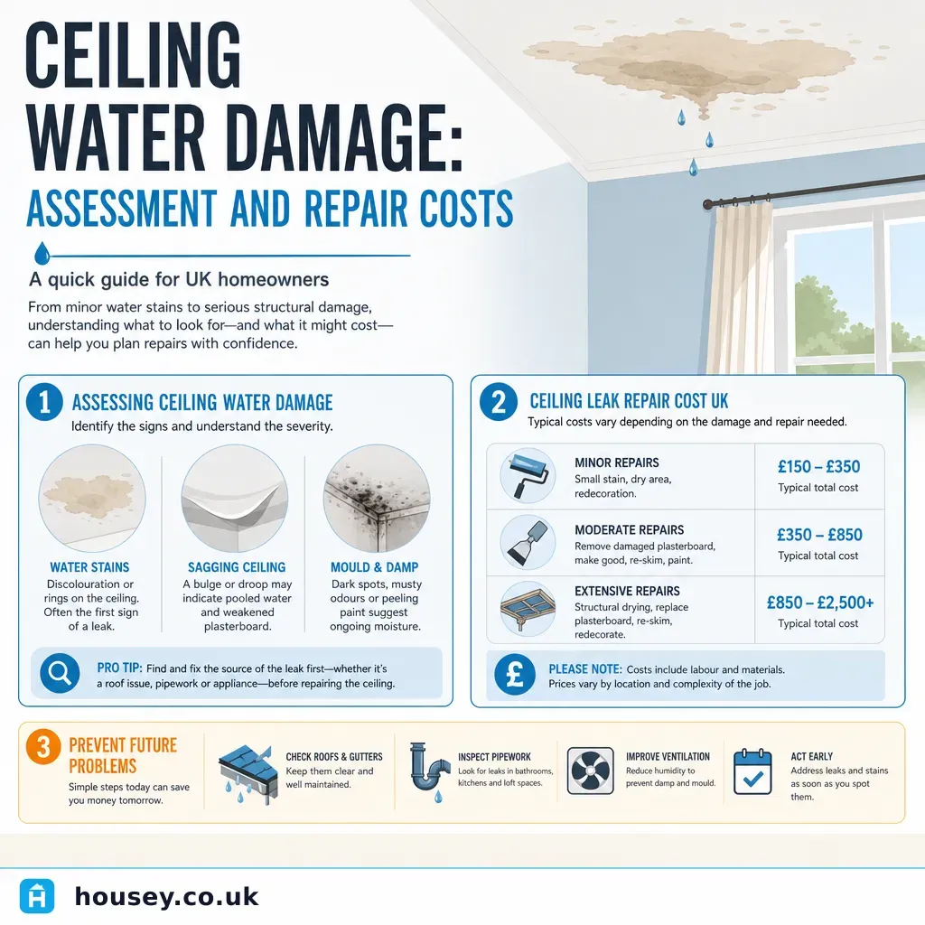 Infographic illustrating: Ceiling Water Damage: Assessment and Repair Costs