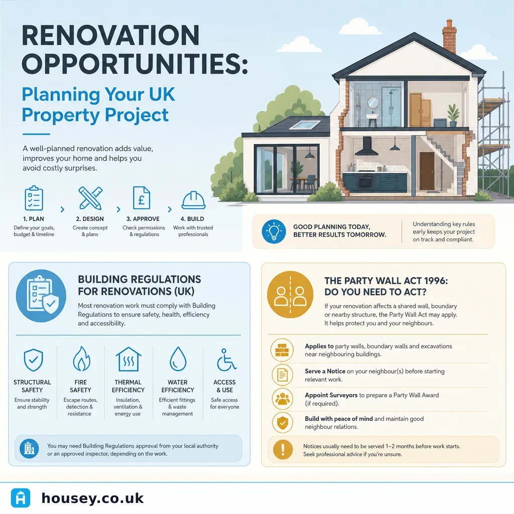 Infographic illustrating: Renovation Opportunities: Planning Your UK Property Project