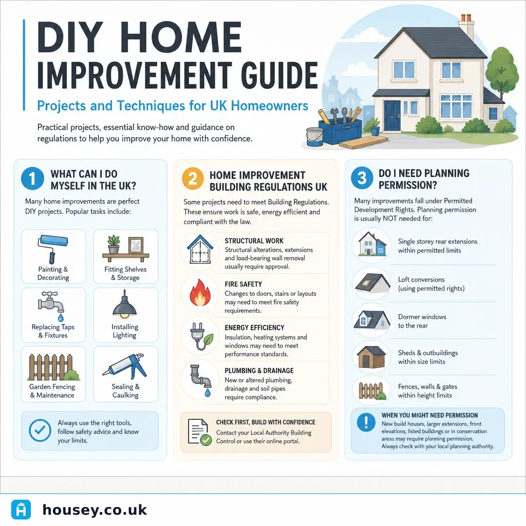Infographic illustrating: DIY Home Improvement Guide: Projects and Techniques for UK Homeowners