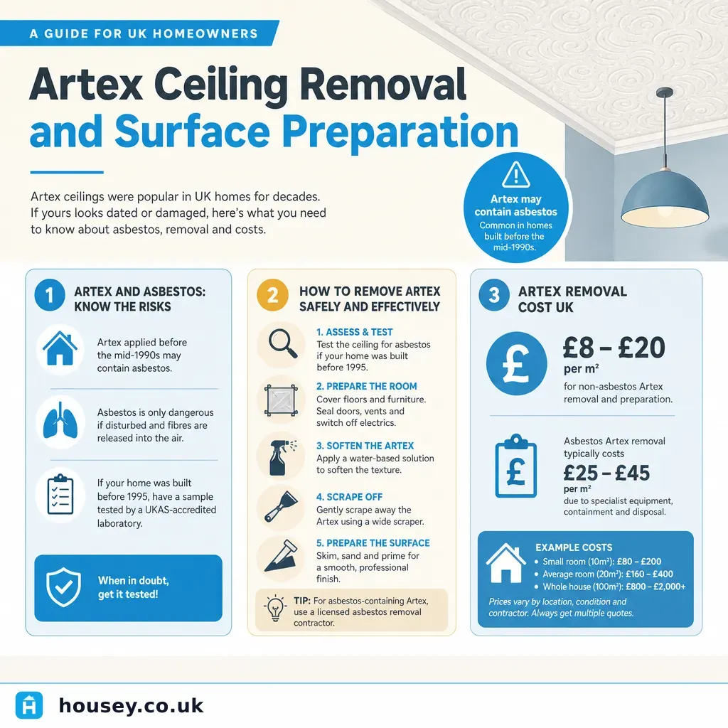 Infographic illustrating: Artex Ceiling Removal and Surface Preparation