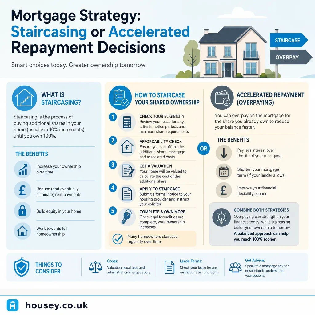 Infographic illustrating: Mortgage Strategy: Staircasing or Accelerated Repayment Decisions