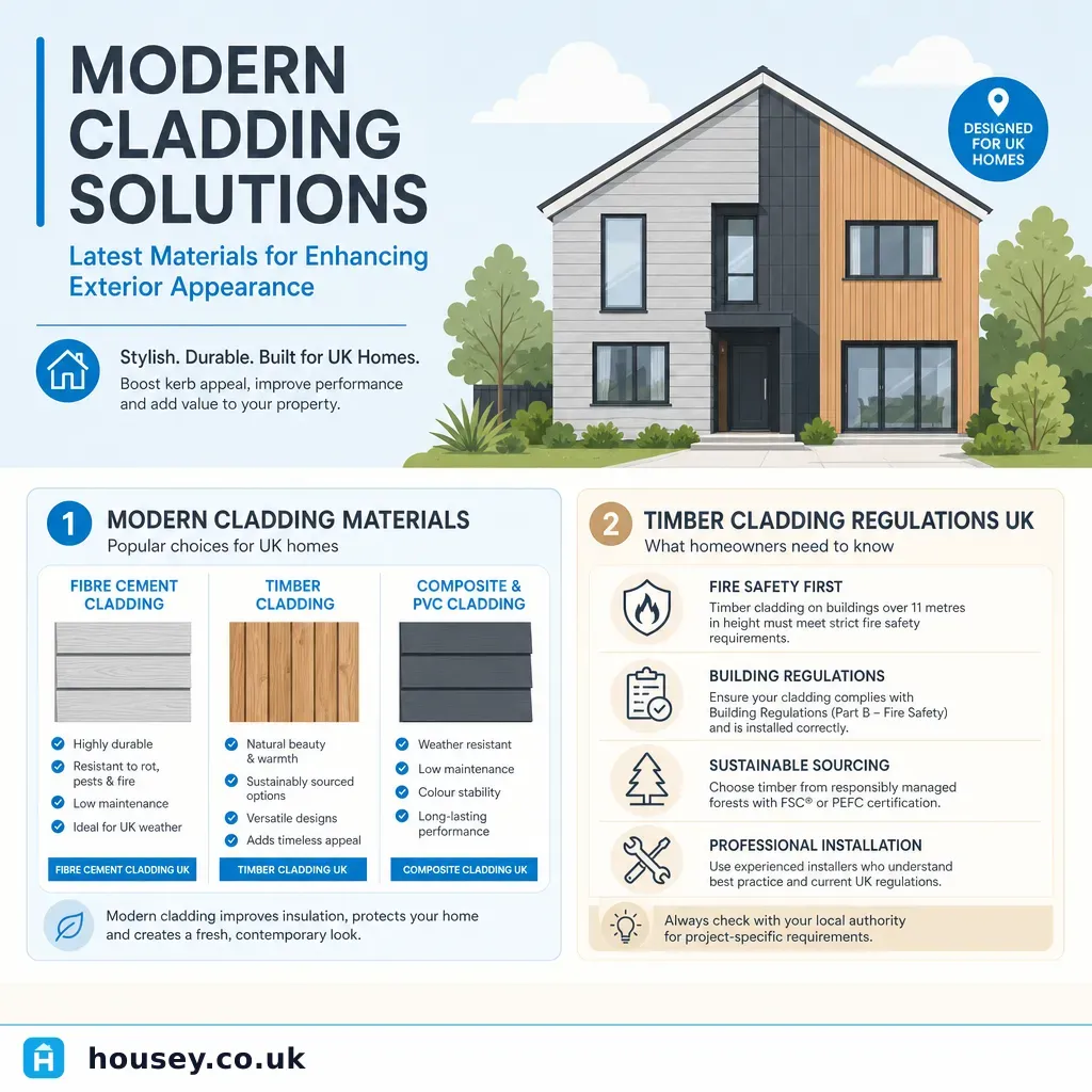 Infographic illustrating: Modern Cladding Solutions: Latest Materials for Enhancing Exterior Appearance
