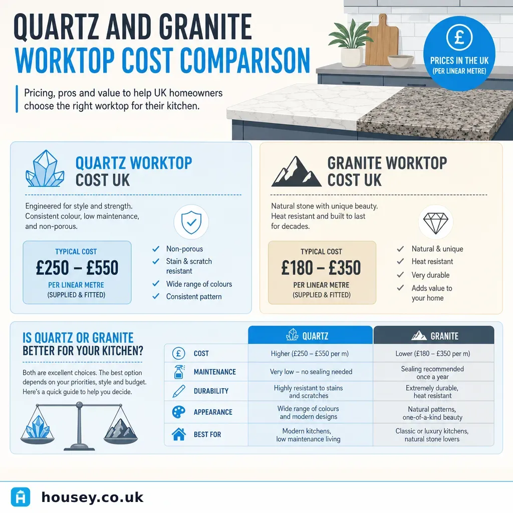Infographic illustrating: Quartz and Granite Worktop Cost Comparison