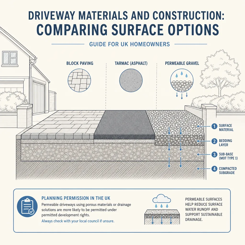 Diagram illustrating: Driveway Materials and Construction: Comparing Surface Options
