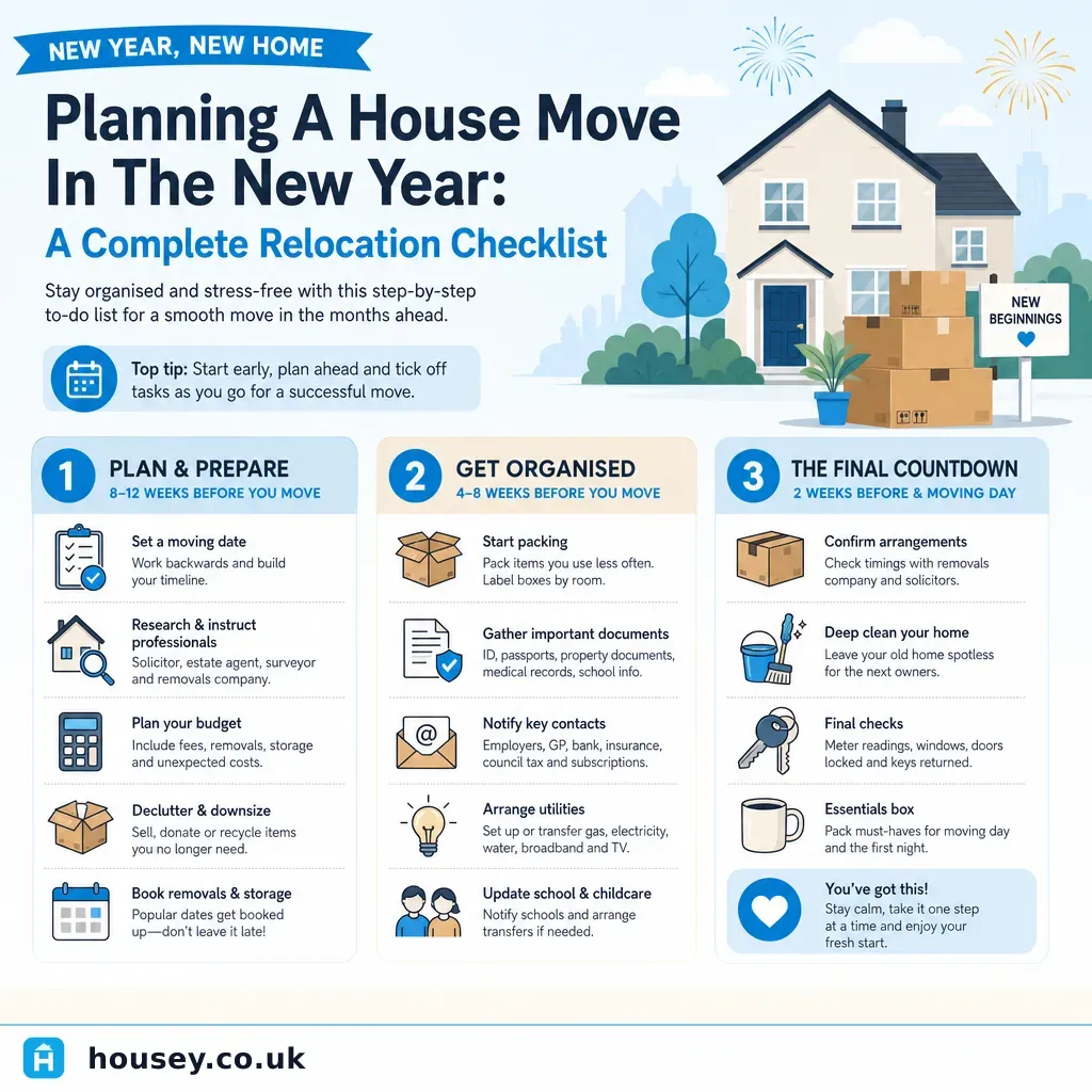 Infographic illustrating: Planning A House Move In The New Year: A Complete Relocation Checklist