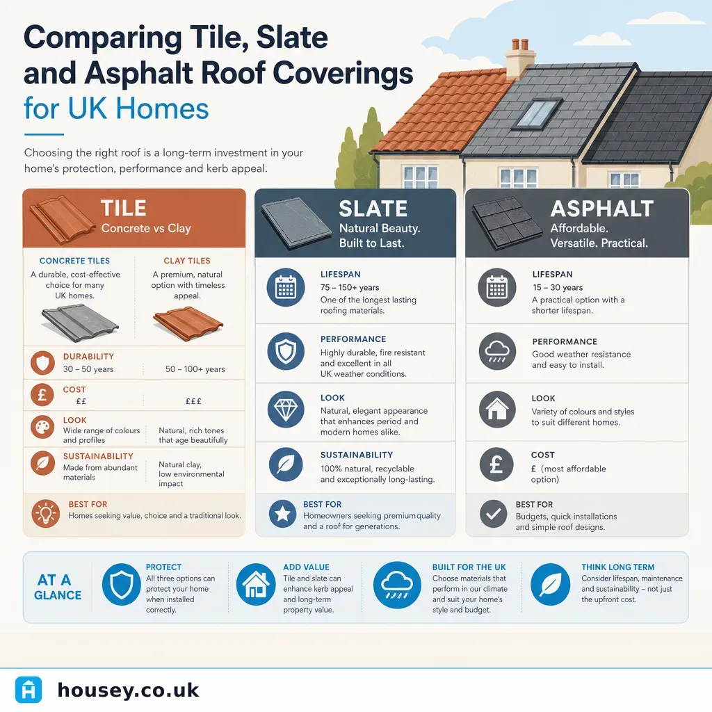 Infographic illustrating: Comparing Tile, Slate and Asphalt Roof Coverings for UK Homes