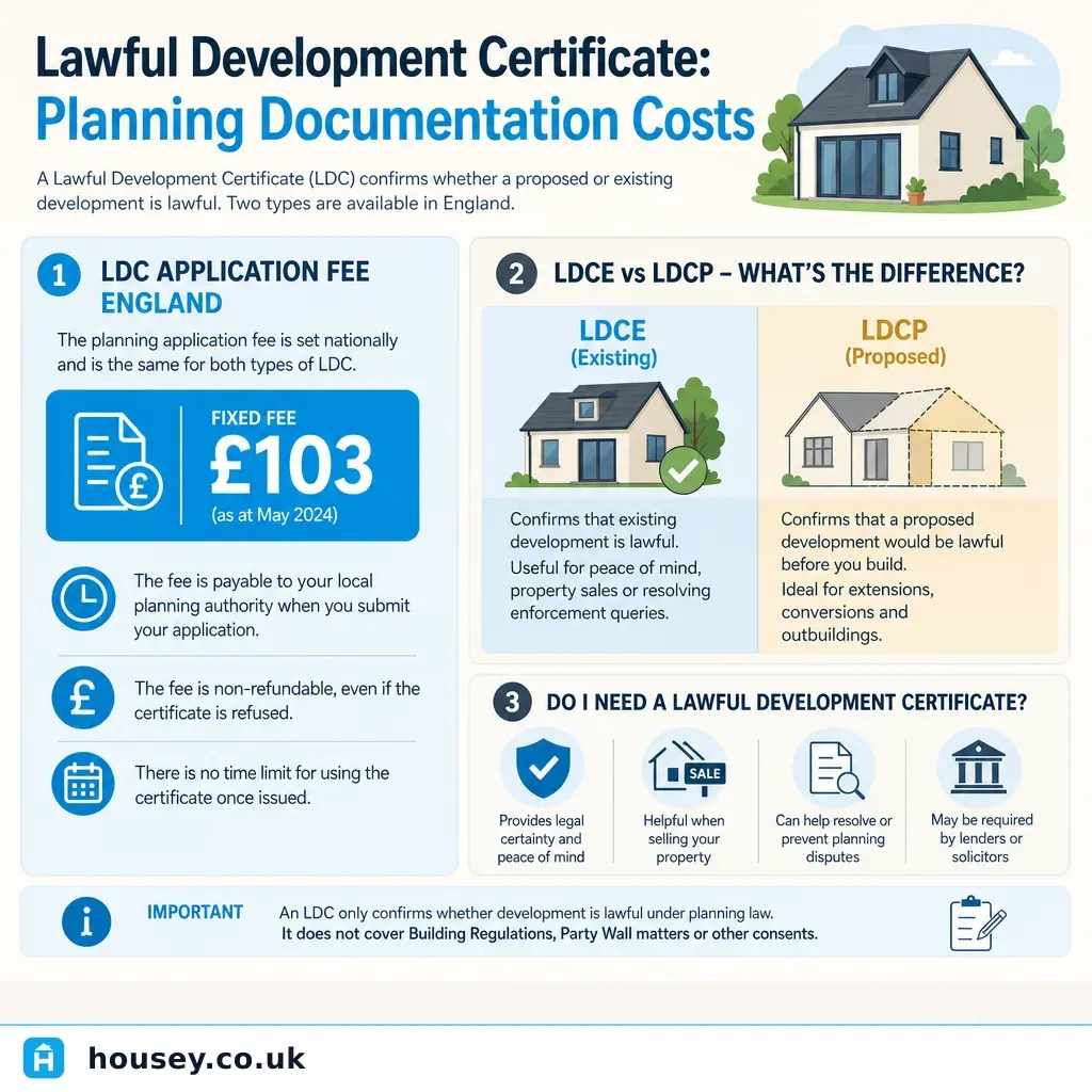 Infographic illustrating: Lawful Development Certificate: Planning Documentation Costs