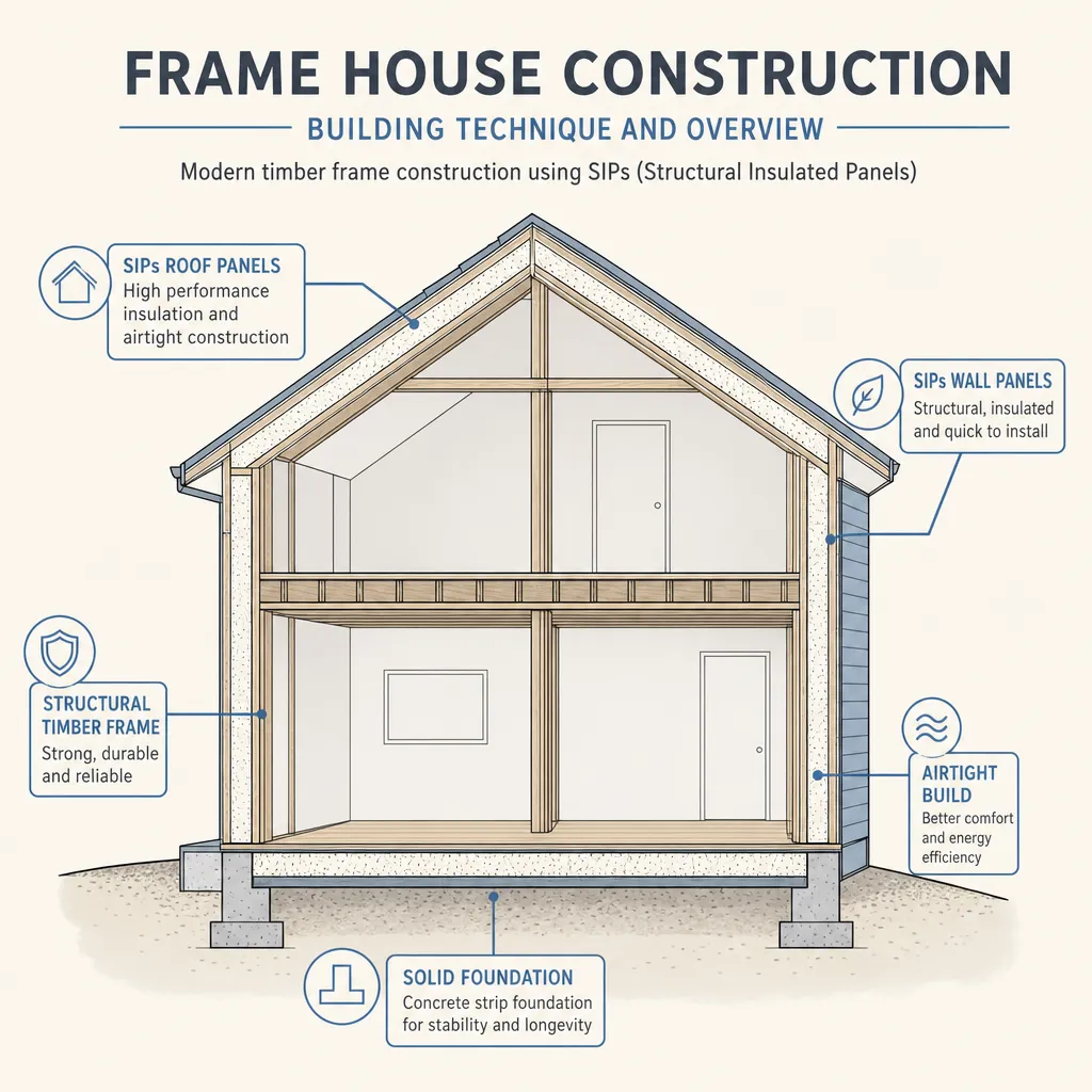 Diagram illustrating: Frame House Construction: Building Technique and Overview
