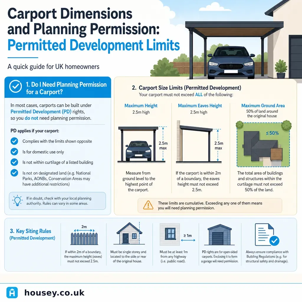 Infographic illustrating: Carport Dimensions and Planning Permission: Permitted Development Limits