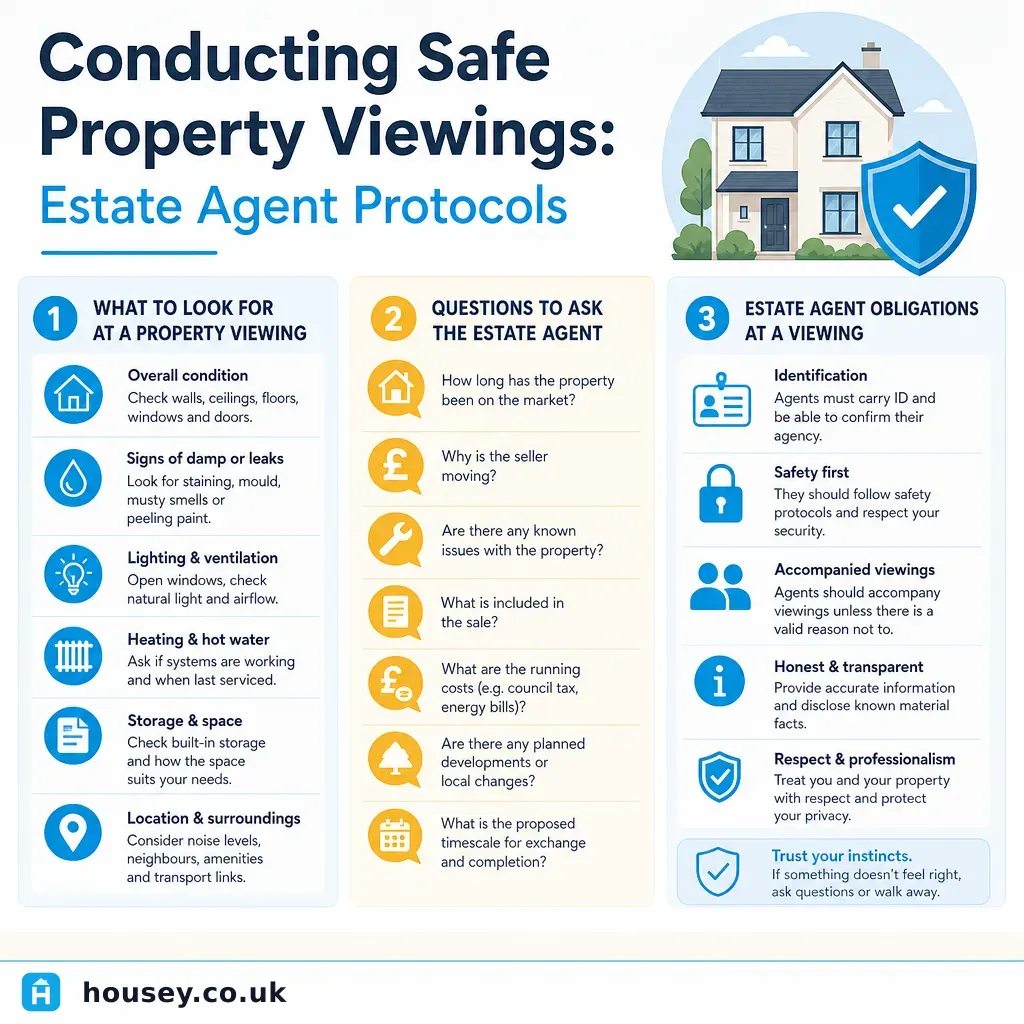 Infographic illustrating: Conducting Safe Property Viewings: Estate Agent Protocols