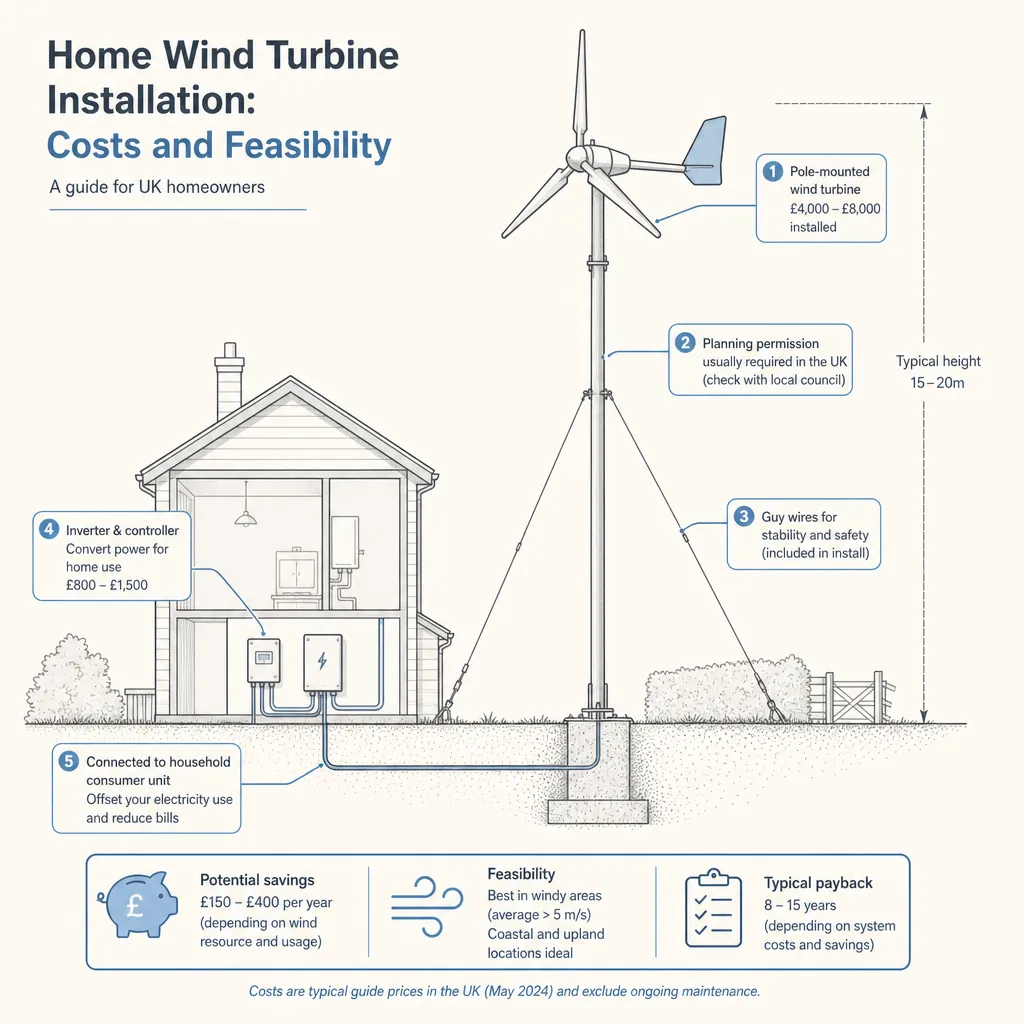 Diagram illustrating: Home Wind Turbine Installation: Costs and Feasibility