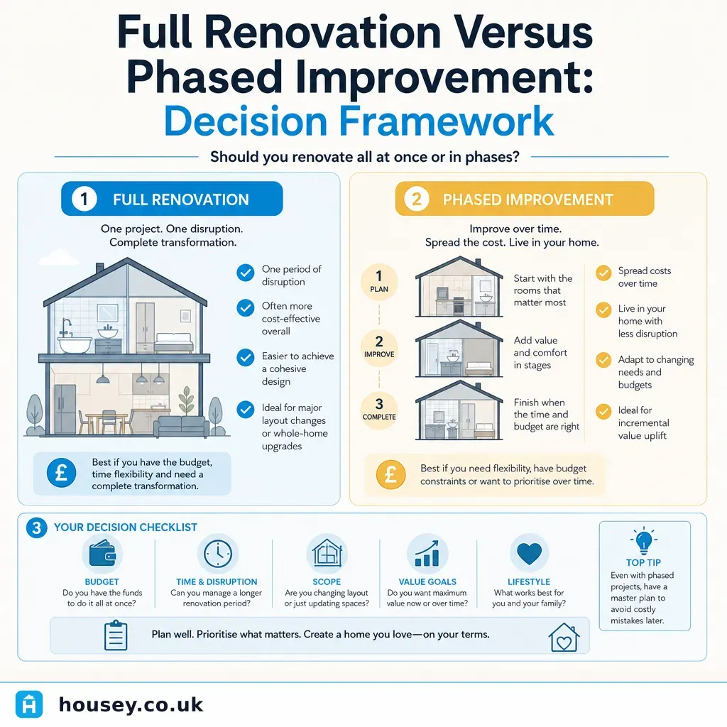 Infographic illustrating: Full Renovation Versus Phased Improvement: Decision Framework
