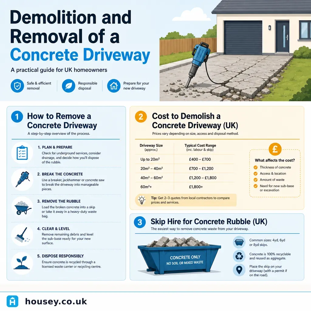 Infographic illustrating: Demolition and Removal of a Concrete Driveway