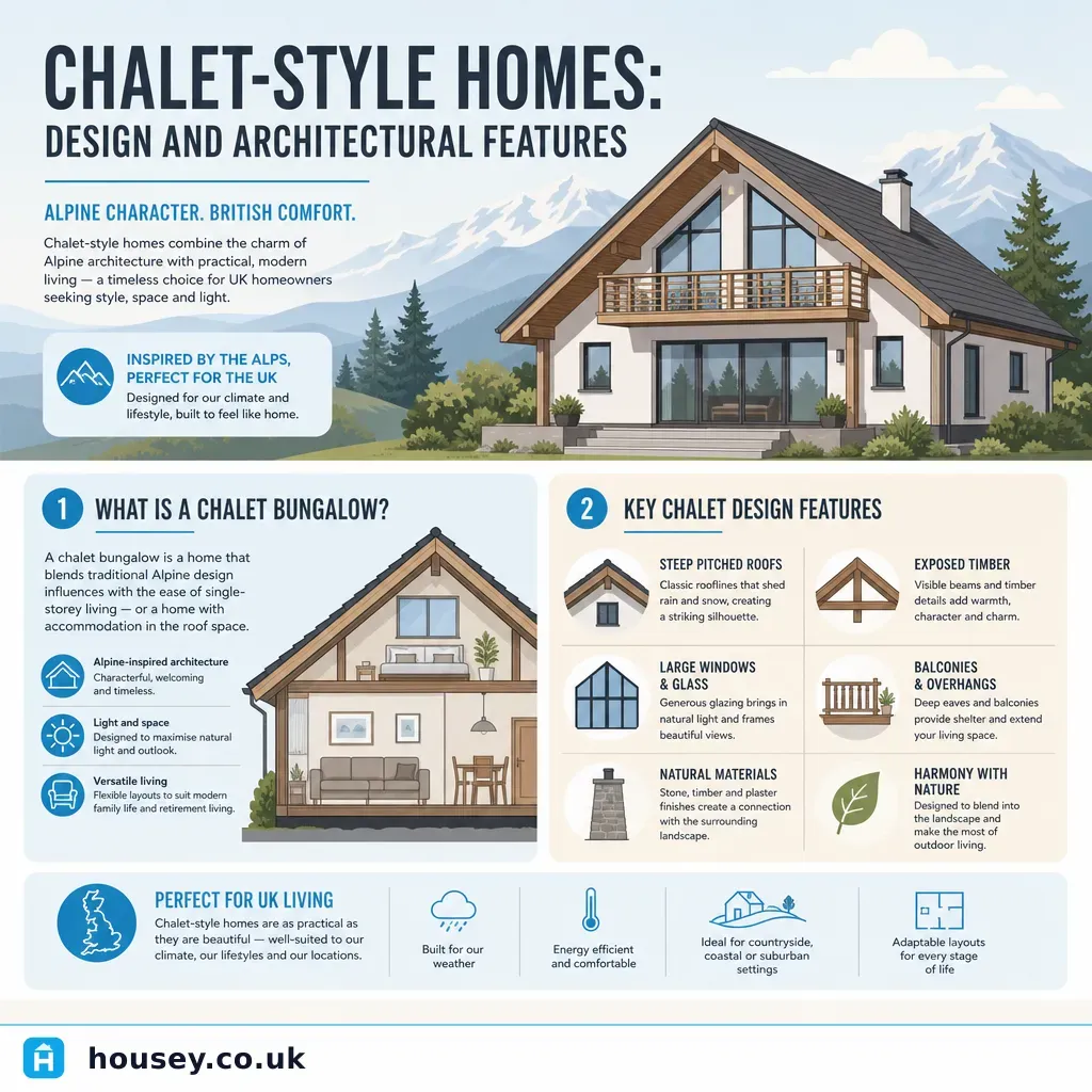 Infographic illustrating: Chalet-Style Homes: Design and Architectural Features