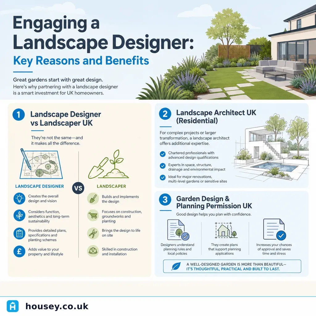 Infographic illustrating: Engaging a Landscape Designer: Key Reasons and Benefits