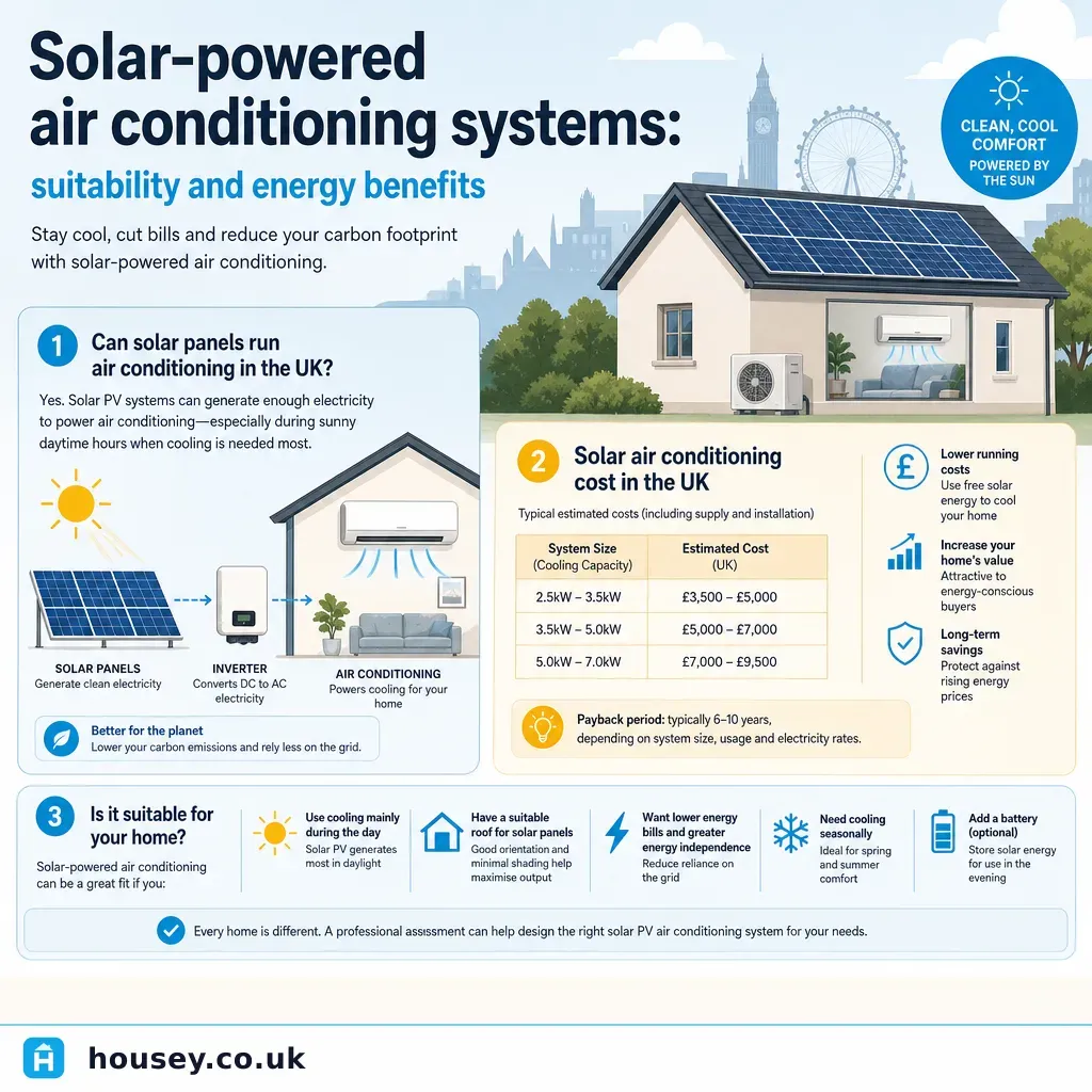 Infographic illustrating: Solar-powered air conditioning systems: suitability and energy benefits