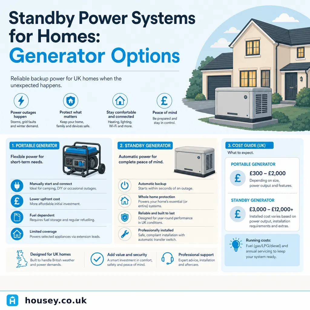 Infographic illustrating: Standby Power Systems for Homes: Generator Options