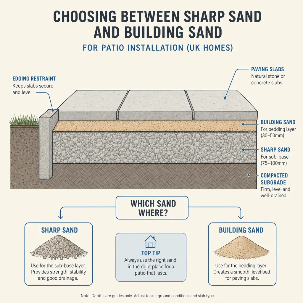 Diagram illustrating: Choosing Between Sharp Sand and Building Sand for Patio Installation