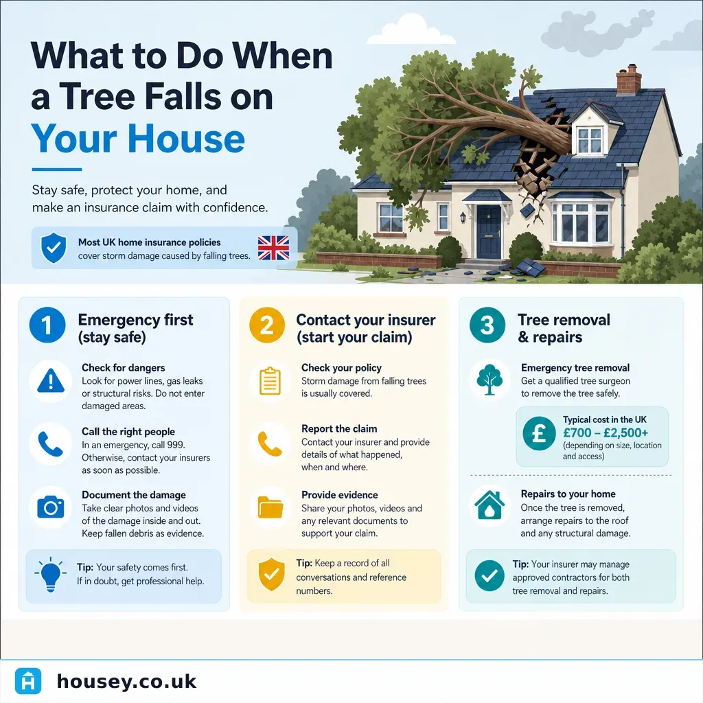 Infographic illustrating: What to Do When a Tree Falls on Your House