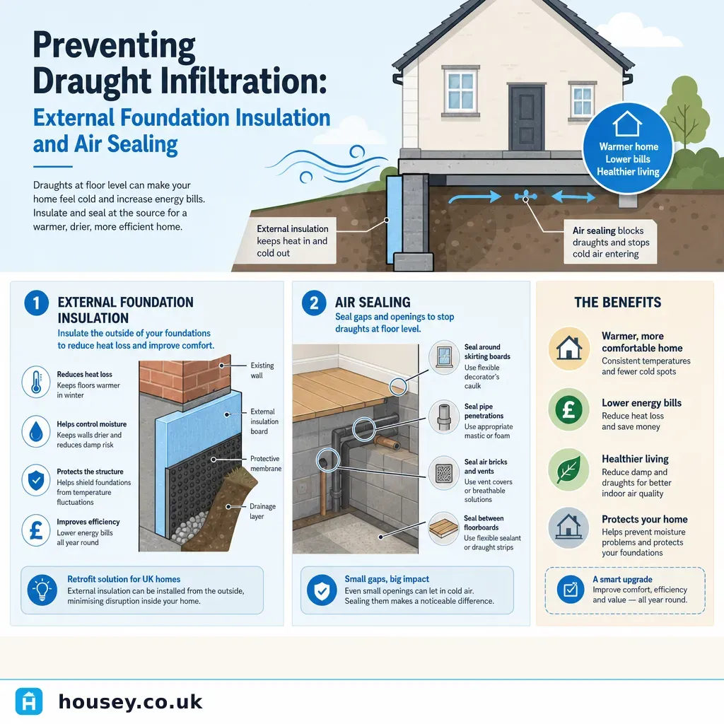 Infographic illustrating: Preventing Draught Infiltration: External Foundation Insulation and Air Sealing