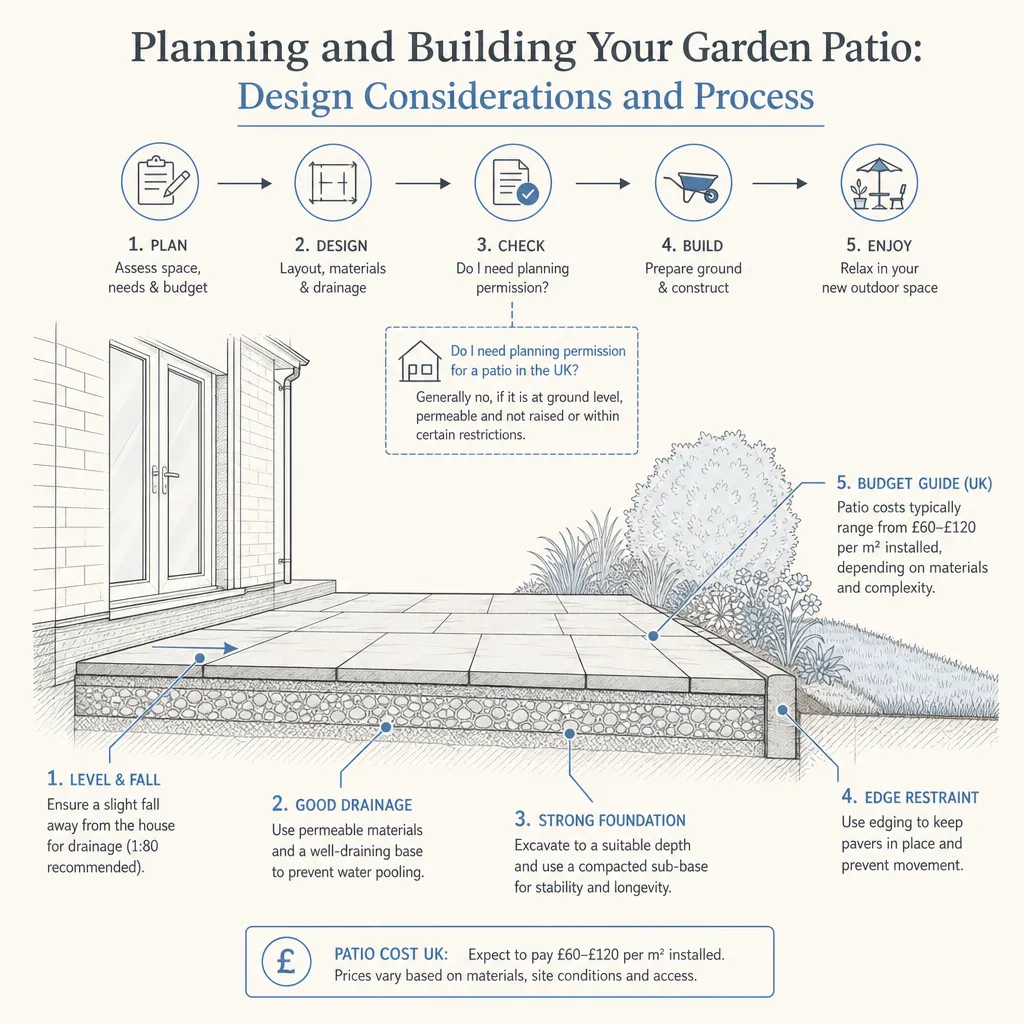 Diagram illustrating: Planning and Building Your Garden Patio: Design Considerations and Process