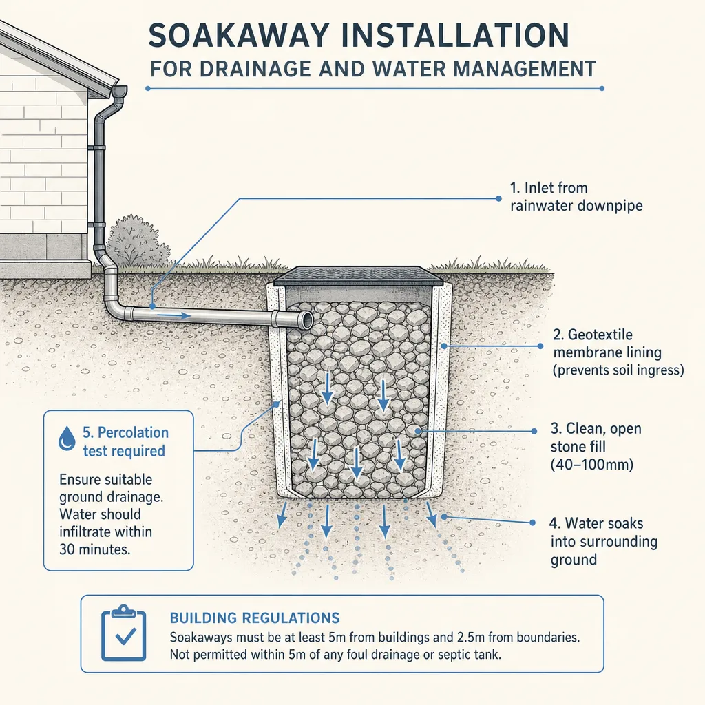 Diagram illustrating: Soakaway Installation for Drainage and Water Management