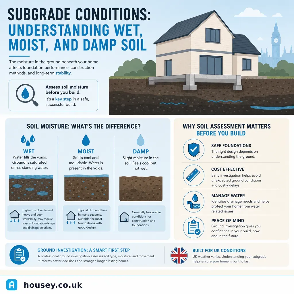 Infographic illustrating: Subgrade Conditions: Understanding Wet, Moist, and Damp Soil