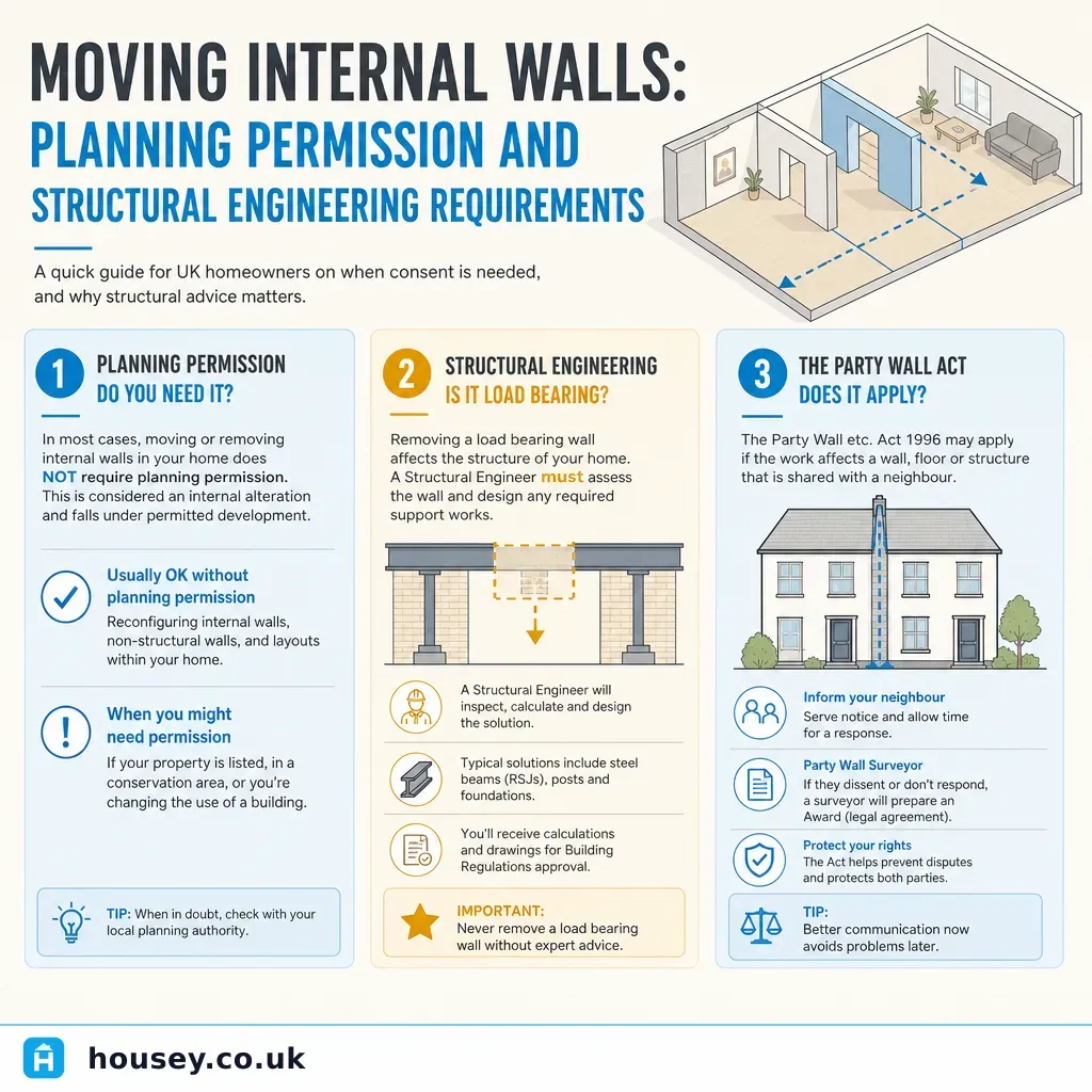 Infographic illustrating: Moving Internal Walls: Planning Permission and Structural Engineering Requirements