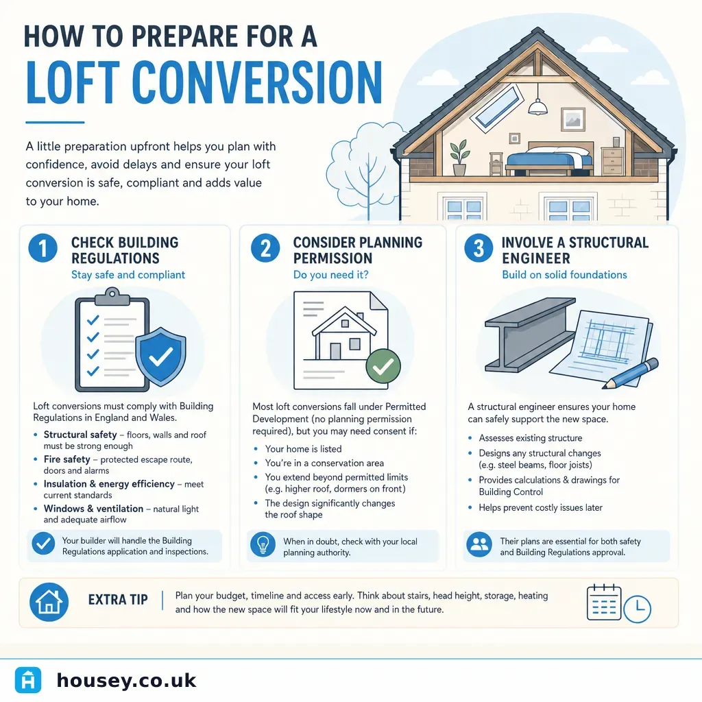 Infographic illustrating: How to Prepare for a Loft Conversion