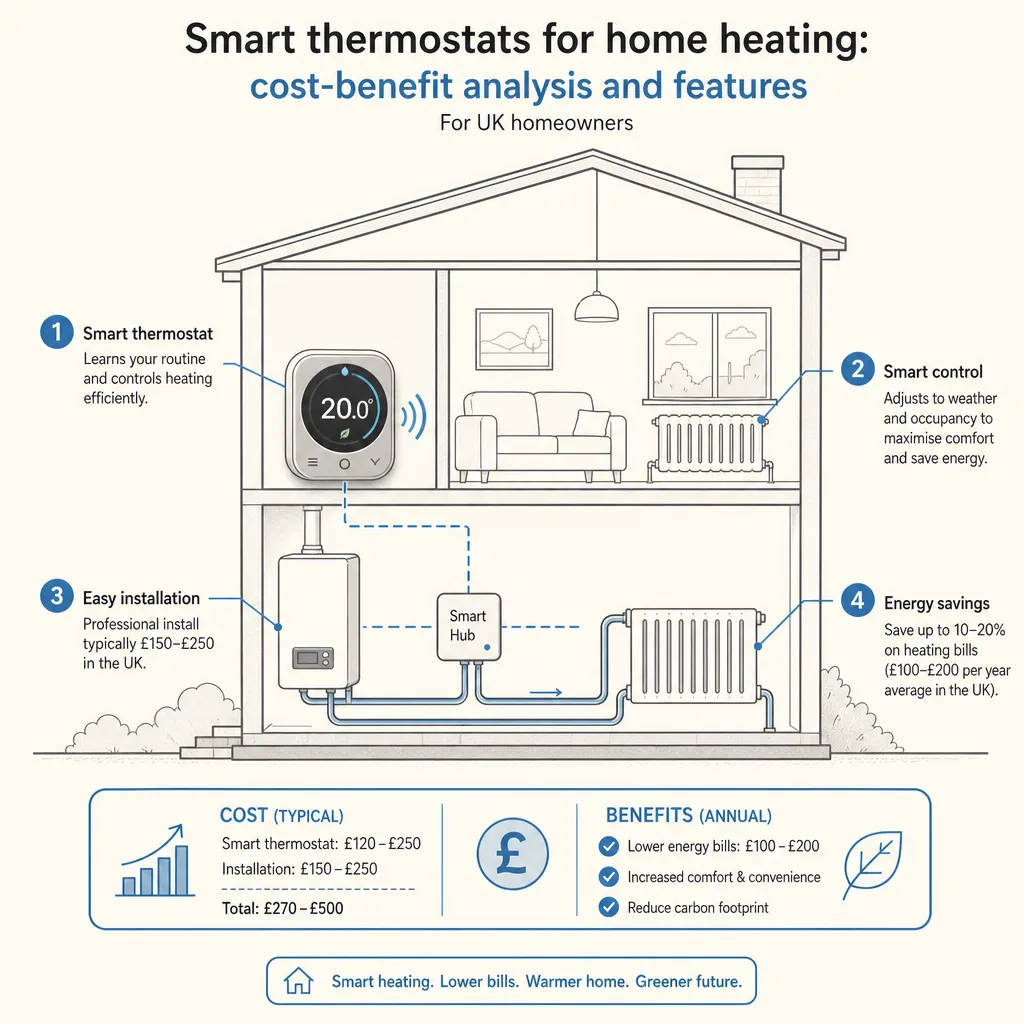 Diagram illustrating: Smart thermostats for home heating: cost-benefit analysis and features