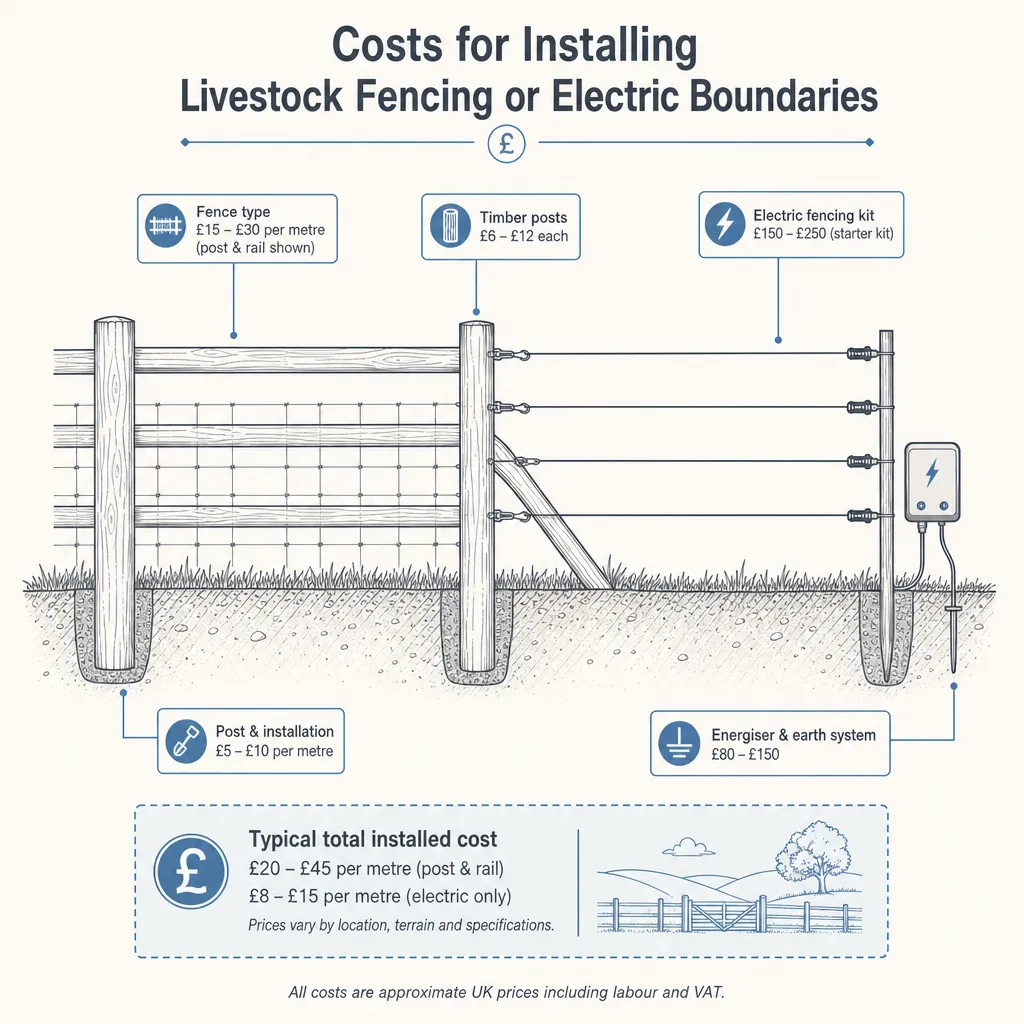 Diagram illustrating: Costs for installing livestock fencing or electric boundaries