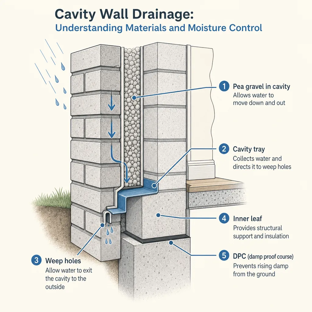 Diagram illustrating: Cavity Wall Drainage: Understanding Materials and Moisture Control