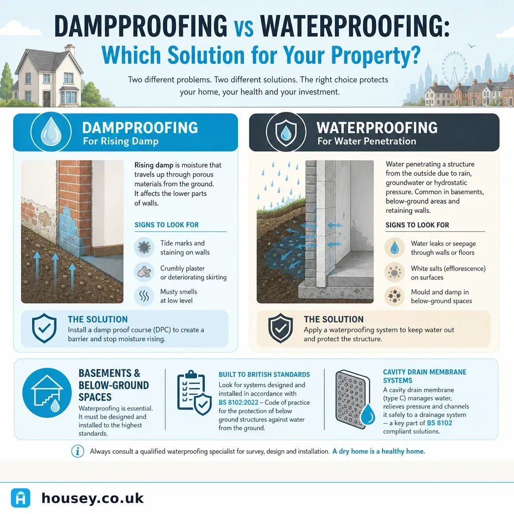 Infographic illustrating: Dampproofing vs Waterproofing: Which Solution for Your Property