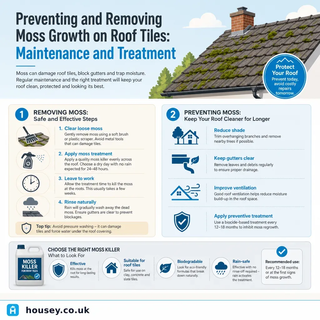 Infographic illustrating: Preventing and Removing Moss Growth on Roof Tiles: Maintenance and Treatment