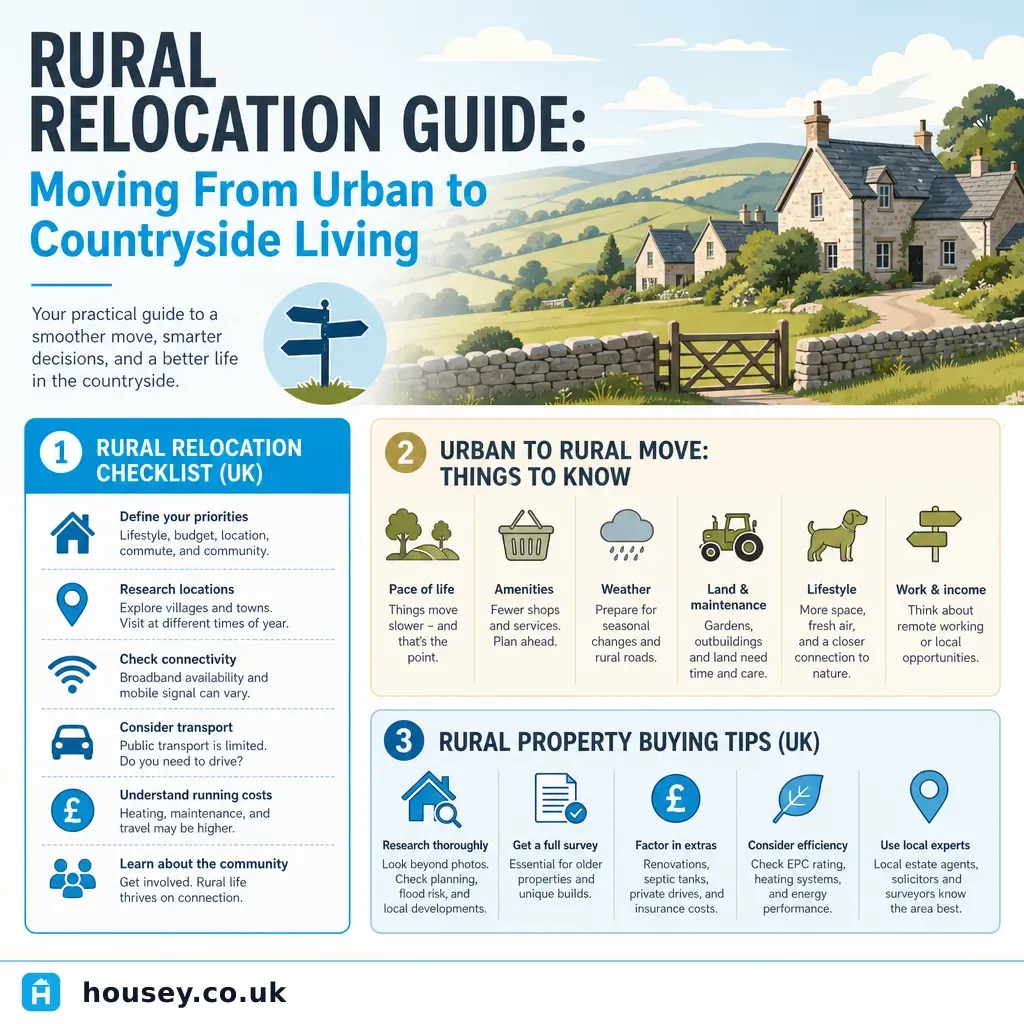 Infographic illustrating: Rural Relocation Guide: Moving From Urban to Countryside Living